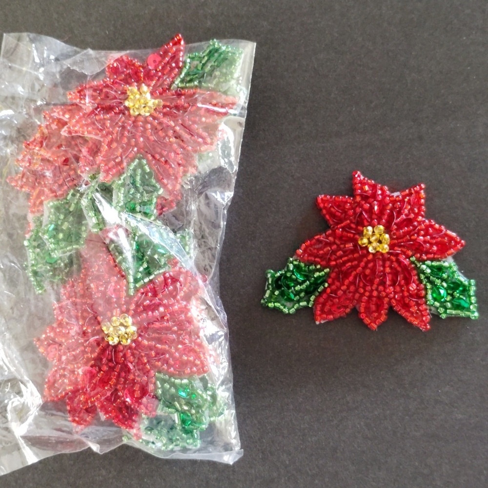 Holiday Poinsettia Beaded Iron on Appliques Bundle of 10 - NEW